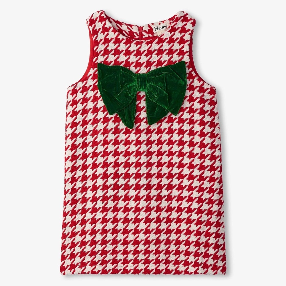Hatley Red & White Houndstooth Dress with Green Velvet Bow - Kids